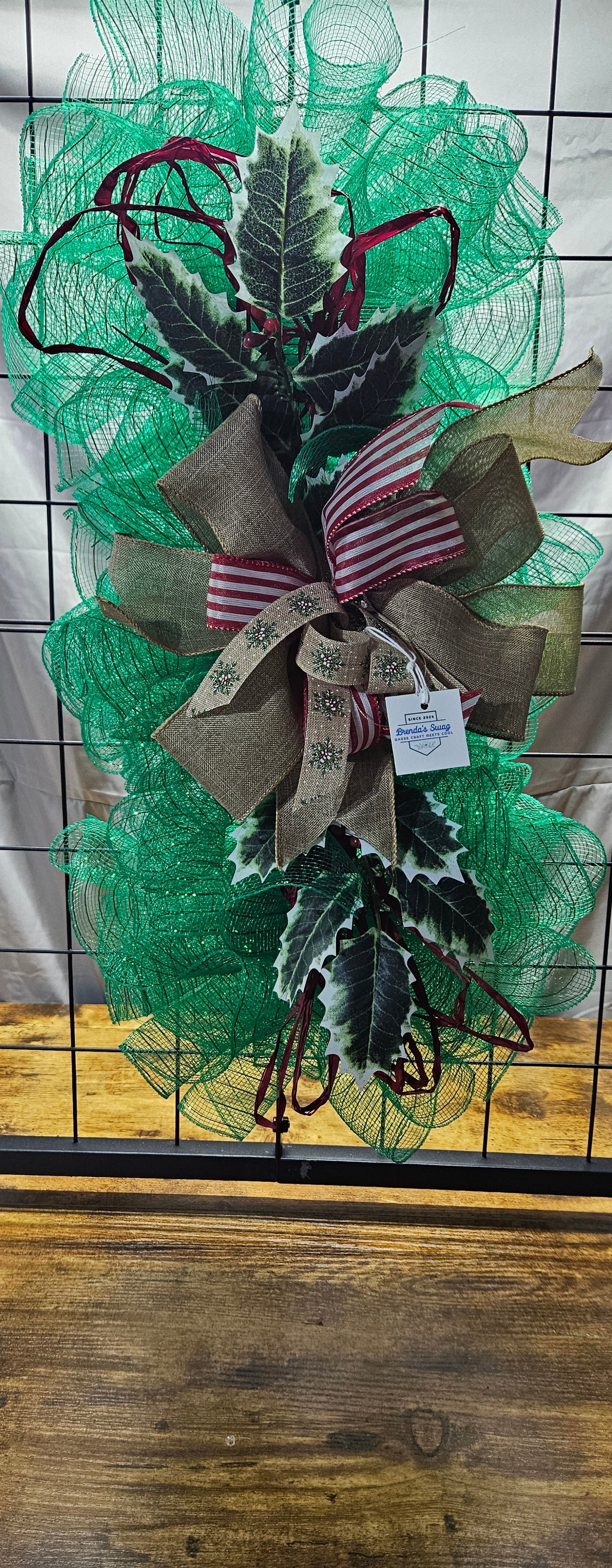 Holly and Striped Ribbon Christmas Swag/Centerpiece