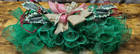 Holly and Striped Ribbon Christmas Swag/Centerpiece